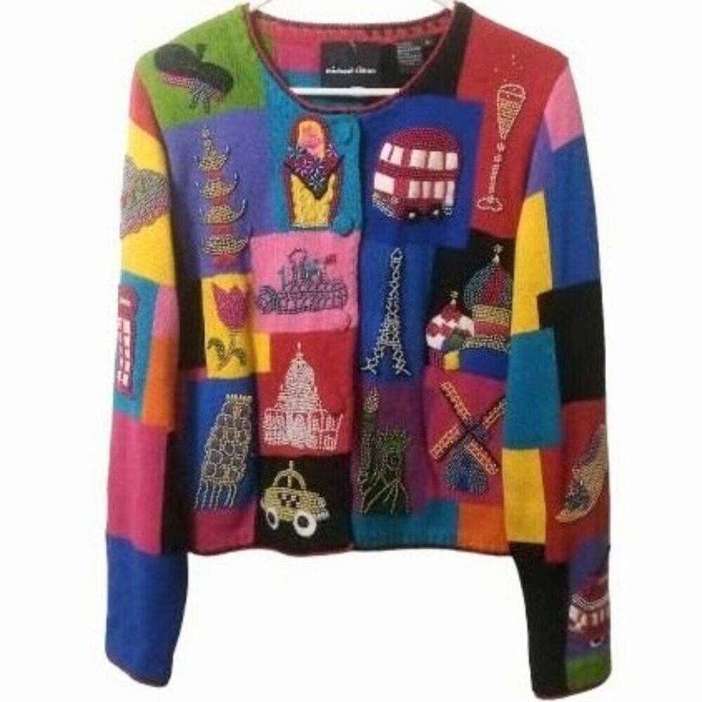 MICHAEL SIMON | 2000s Vintage Beaded Landmark Art Sweater Teacher Cardigan M